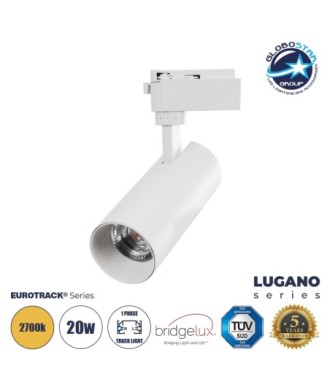 GloboStar® LUGANO 60808 Μονοφασικό Φωτιστικό Σποτ Ράγας LED 20W 2400lm 36° Acrylic HQ LENS AC 220-240V IP20 Φ6.5 x Υ22cm Θερμό Λευκό 2700K - EUROTRACK® System 1L+1N - Λευκό - Bridgelux Chip - TÜV Certified Driver - 5 Χρόνια Εγγύηση
